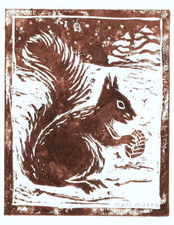 A linocut print of a squirrel holding a pinecone.