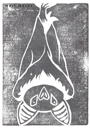 A linocut print of a bat in black ink.