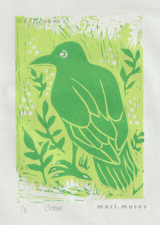 A print of a crow in a meadow with two tones of green ink in the style of reduction relief.