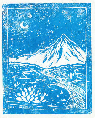 A linocut print in blue ink of a desert scene at night with a mountain.