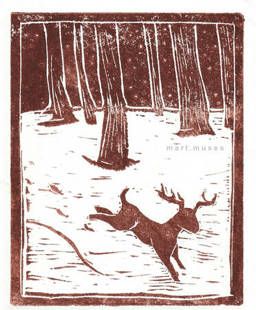 A linocut print of a deer running through a snowy forest.