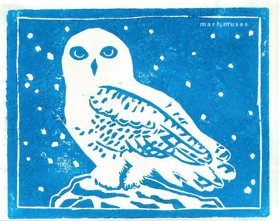 A linocut print of a snowy owl