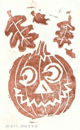 A linocut print of a jack-o-lantern and some fall leaves.