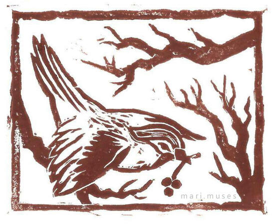 A linocut print of a sparrow with some holly berries in its mouth.