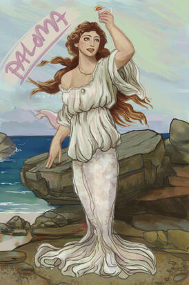 A digital illustration of a mermaid holding a paloma, in the style of Thomas Francis Dicksee.