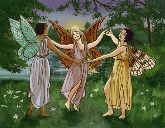 A digital illustration of three faeries with butterfly/moth wings dancing in a forest by a a lake.