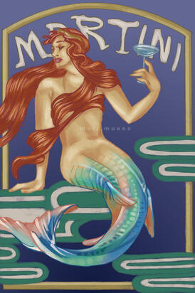 A digital illustration of a mermaid holding a martini, in the style of J.C. Leyendecker.