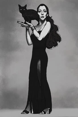 A digital painting of Cher holding a black cat.