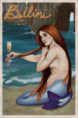 A digital illustration of a mermaid holding a bellini, in the style of John William Waterhouse.