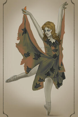A stylized digital painting of a ballerina dressed as an autumn fairy.