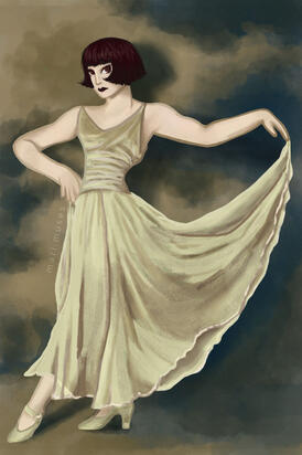 A stylized digital painting of a 1920s looking woman with short black hair and a flowing white dress.