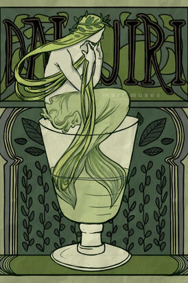 A digital illustration of a mermaid in a glass of daiquiri, in the style of Alphonse Mucha.