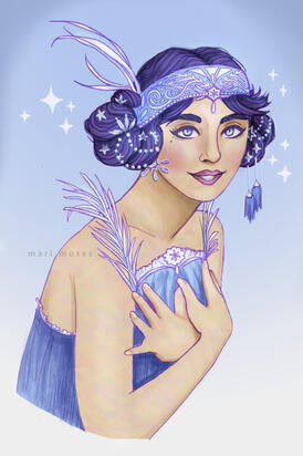 A digital illustration of a 1920s style lady wearing blue and white crystal headpiece and jewelry.