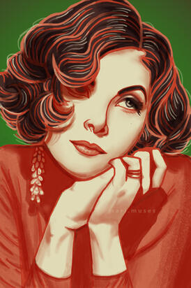 A digital illustration of a portrait of a woman using only select colors in red, green, and brown.