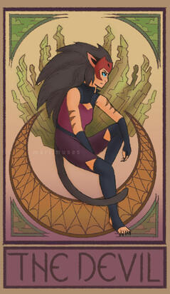 Digital fan art of Catra specifically from the 2018 reboot of She-Ra and the Princesses of Power. She is depicted on the tarot card "The Devil."