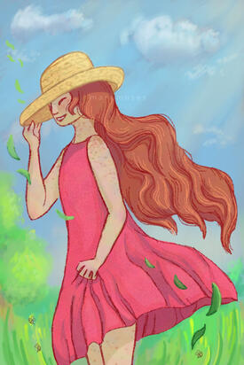 A stylized digital painting of a young woman with flowing strawberry blonde hair.