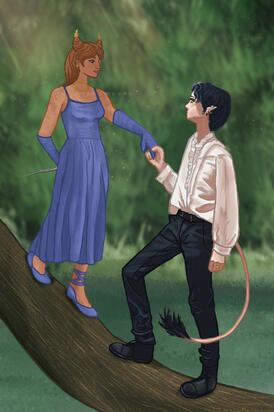 A digital illustration of a mortal girl, Jude, and her faerie husband, Cardan, joining hands.