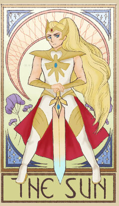 Digital fan art of the character She-Ra specifically from the 2018 reboot of She-Ra and the Princesses of Power. She is depicted in the tarot card "The Sun."