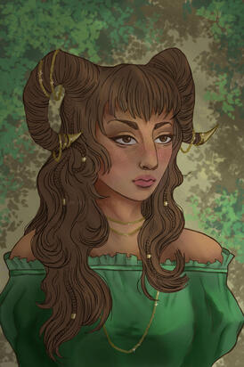 A digital illustration of a mortal girl named Jude, with her hair styled in the shape of rams horns from Holly Black's series The Cruel Prince.