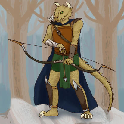 Artist's interpretation of a Dungeons & Dragons player character named Rhogan, who is a dragonborn ranger.