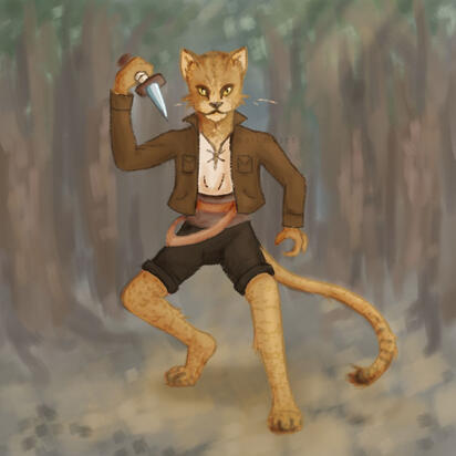 Artist's interpretation of a Dungeons & Dragons player character named Ragir, who is a tabaxi rogue.
