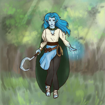 Artist's interpretation of a Dungeons and Dragons player character named Tempest, who is an air genasi druid.