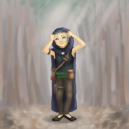 Artist's interpretation of a Dungeons and Dragons player character named Olavi, who is a forest gnome rogue.