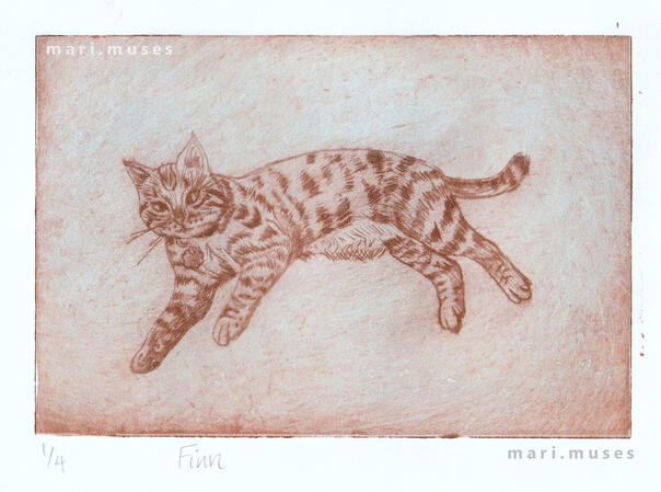 A drypoint relief roll print of a cat using brown and pale blue ink.